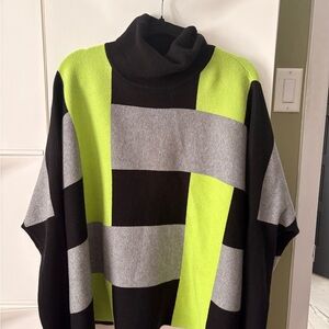 Women's Colorblock Turtleneck Poncho - Black, Gray & Neon Green